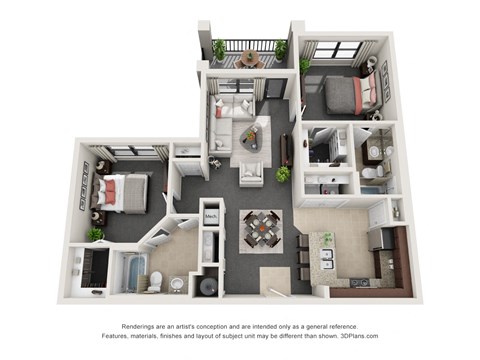 Floor plan for 2 beds, 2 baths, 1016 sqft